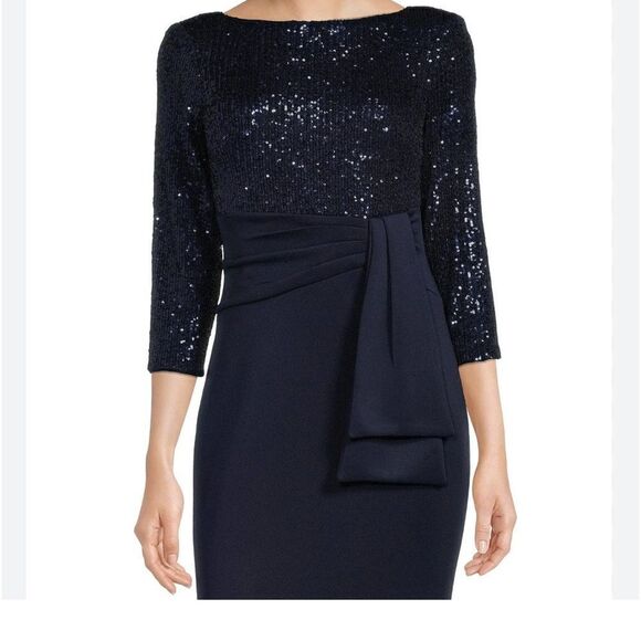 NWT ELIZA J Navy Sequin Bodice Stretch Knit Skirt Pleated Bow Detail Maxi Gown 8 - Picture 10 of 10